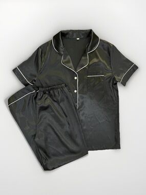 Satin Short Sleeved Two Piece Pajama Set Long Bottoms Black White Size Small